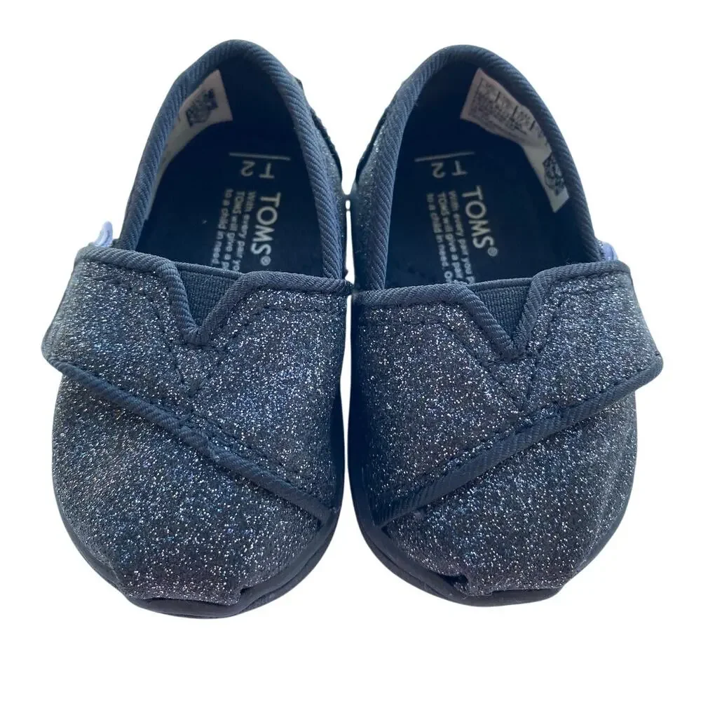 Toms Classic Black Glitter Baby Infant Walker Size 2 Shoes
